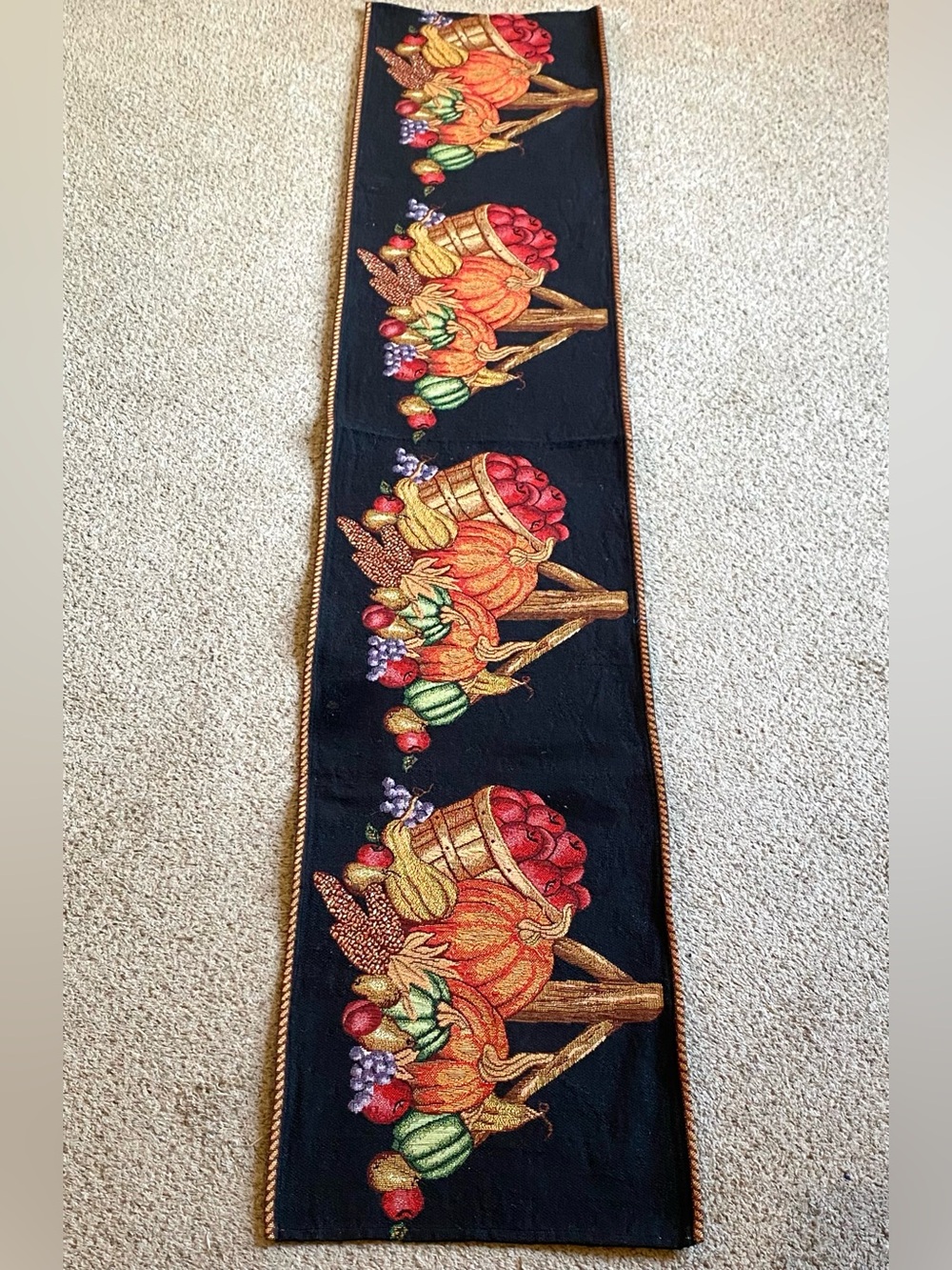 Vintage Autumn Fall Harvest Tapestry Table Runner Approx 69.5” long 13” wide